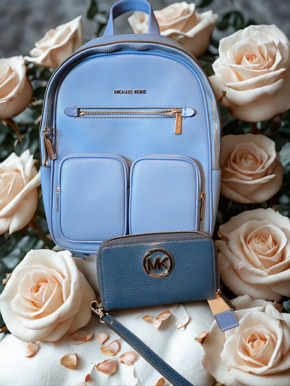 Michael Kors 3fer Backpack Jet Set Blue With MK Dust Bag And Wallet 3-fer